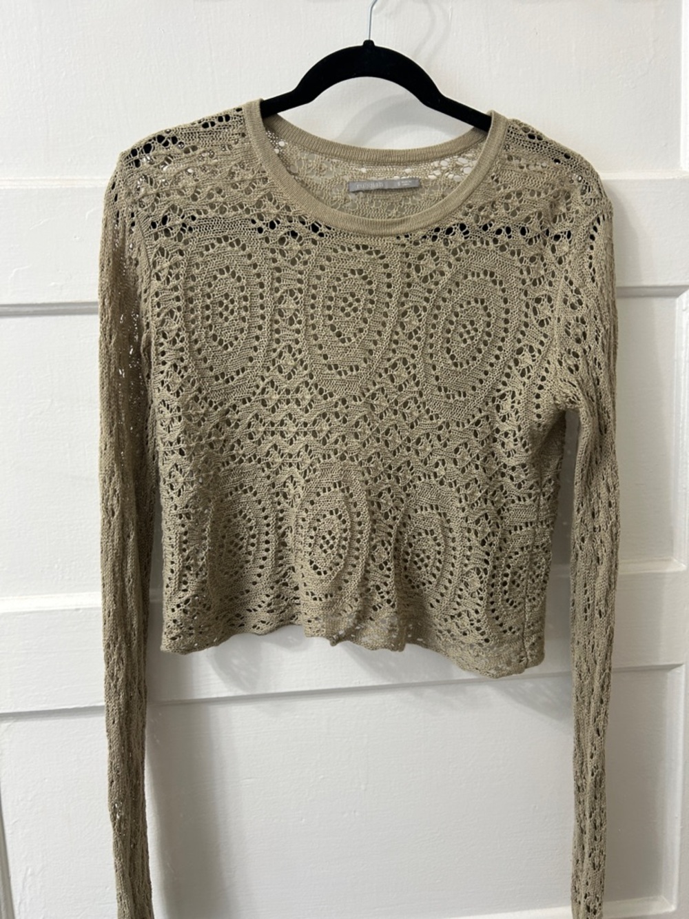 Rubbish (Nordstroms) Olive Tan Open-Weave Crochet Cropped Sheer Sweater